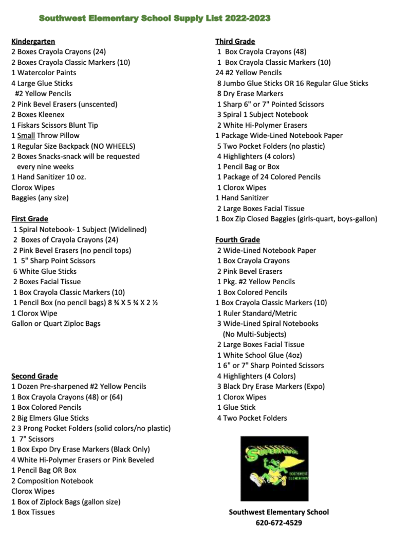 SW School Supply List 22-23